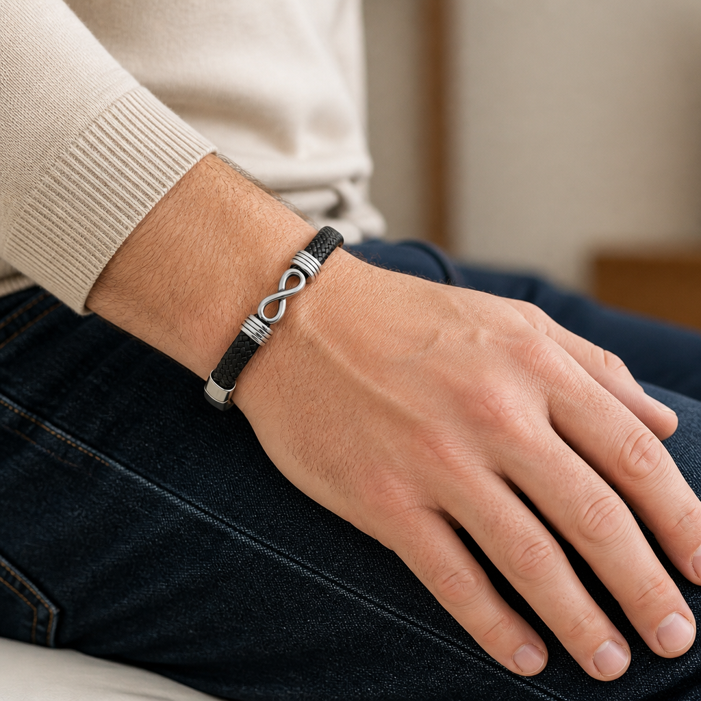 Bracelet homme punk infini porté au poignet, cordon noir tressé et signe de l'infini en acier, main posée sur un jean