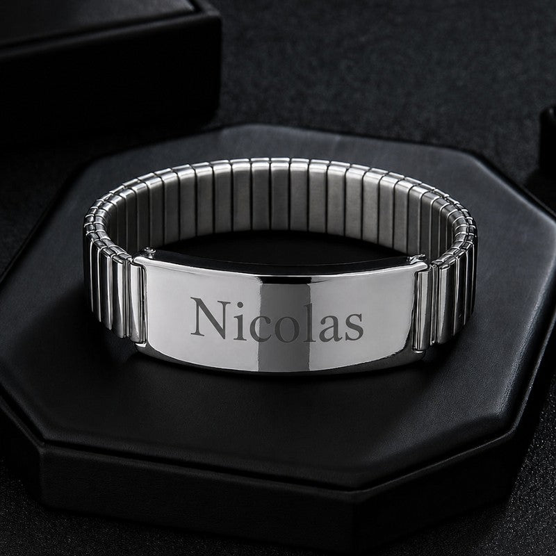 Bracelet homme réglable en acier extensible, plaque gravée Nicolas