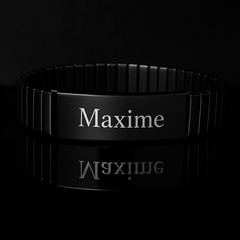 Bracelet homme réglable en acier extensible noir, plaque gravée Maxime