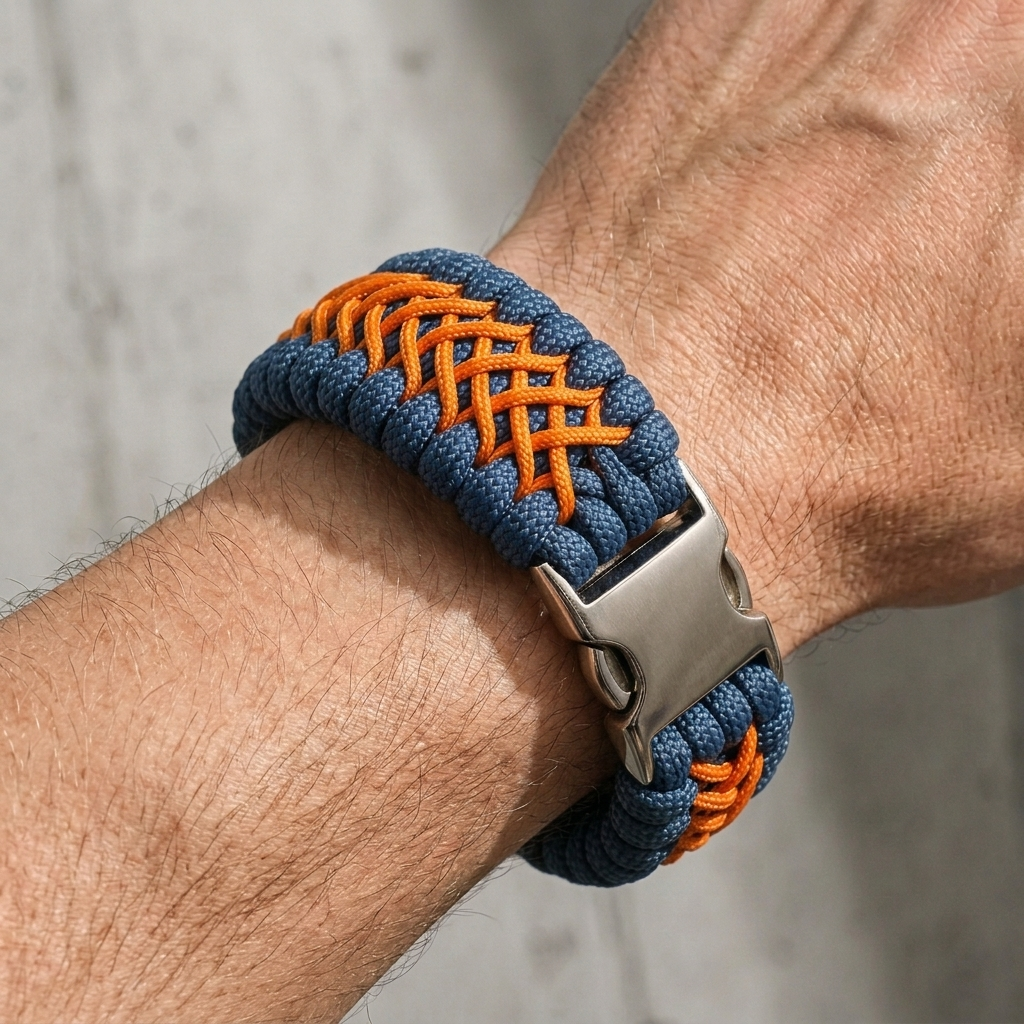 Paracorde tressée bleue et orange au poignet, boucle à clip visible