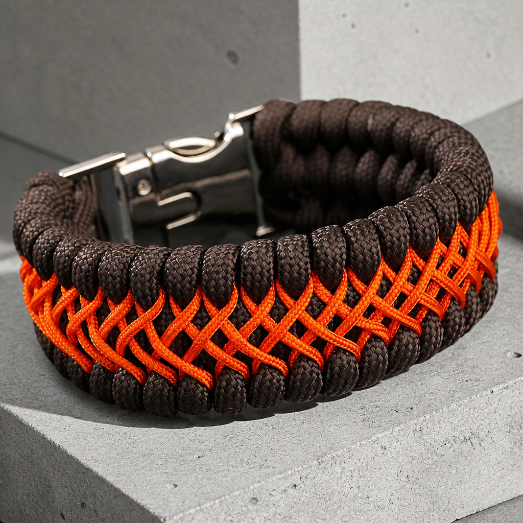 Bracelet en paracorde tressée marron et orange pour homme, sur béton brut