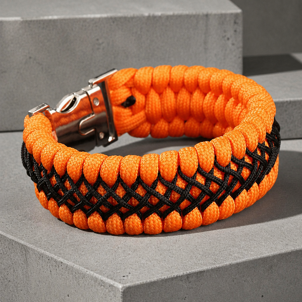 Bracelet en paracorde tressée orange et noire, vue de face sur béton