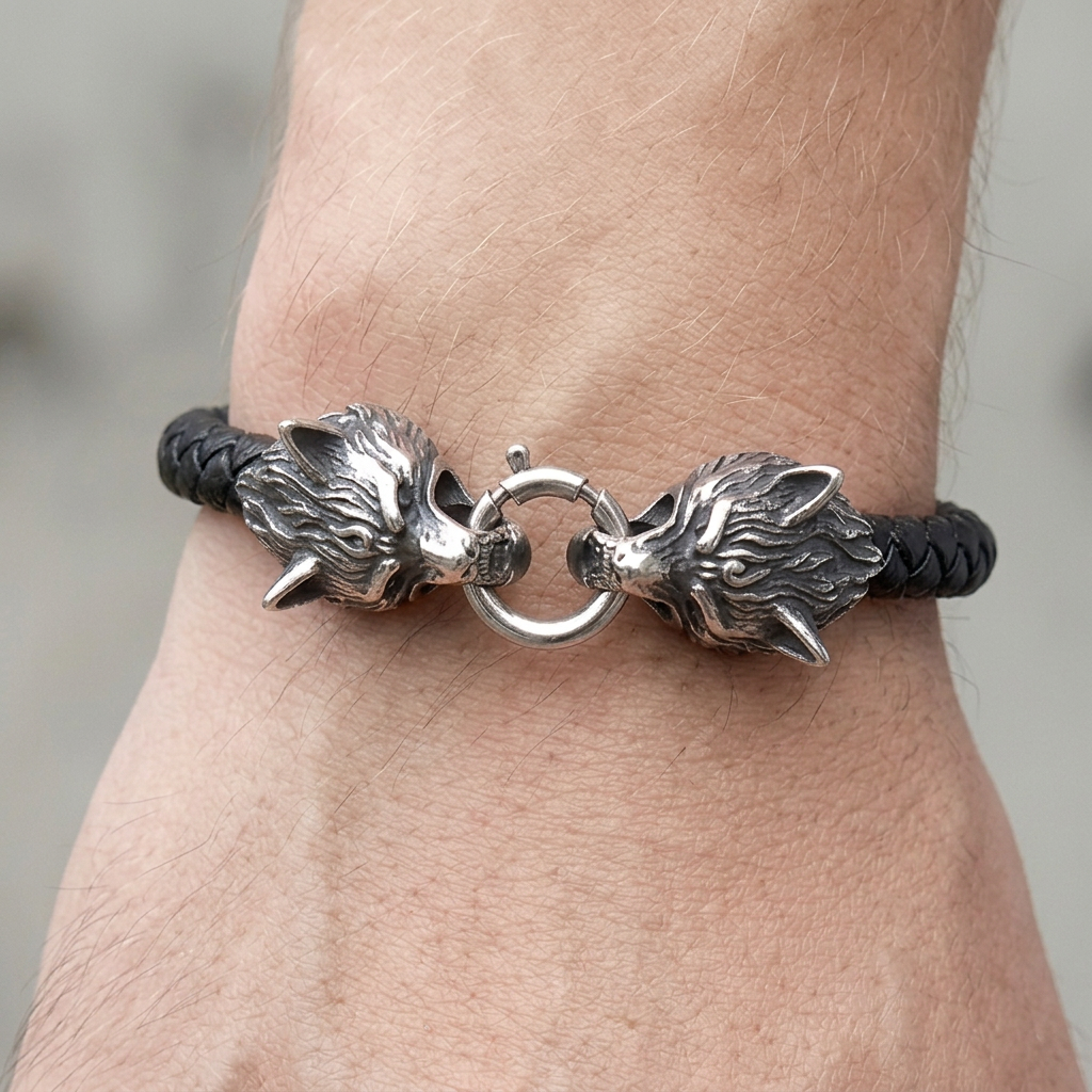 Bracelet homme tête de loup porté au poignet
