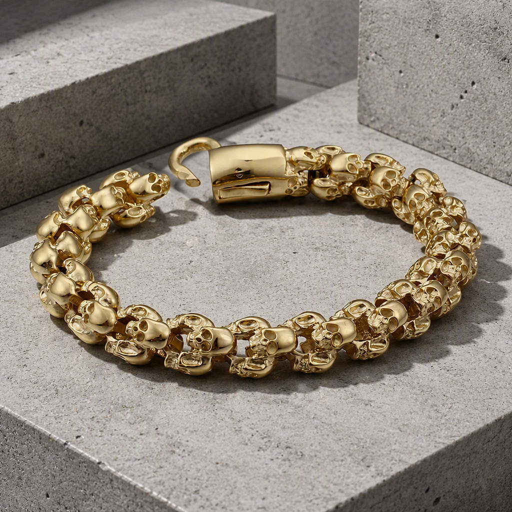 Bracelet homme tête de mort finition dorée, maille de crânes en acier inoxydable