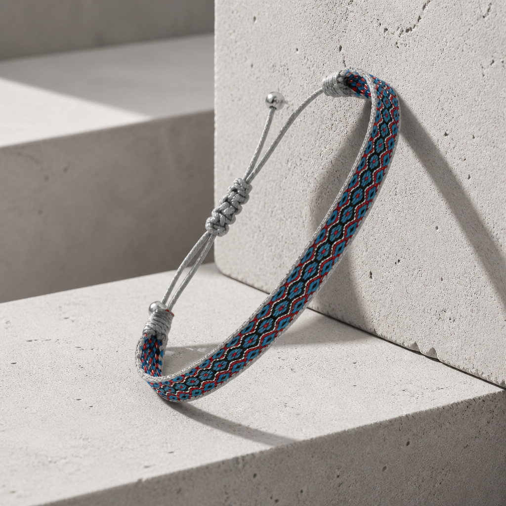 Bande tissée grise et bleu canard, coloris gris du bracelet indien homme