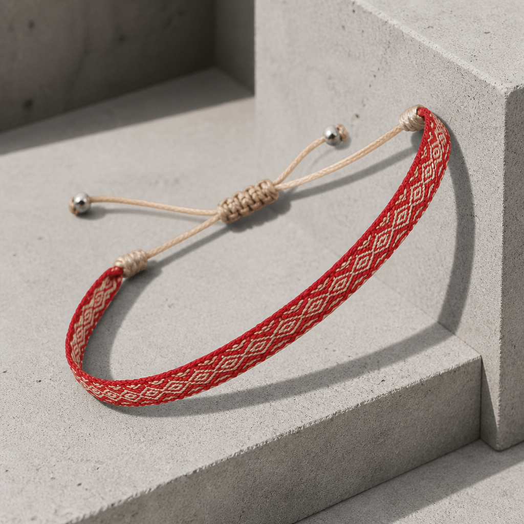 Coloris rouge à losanges écrus, ruban tissé plat sur béton clair