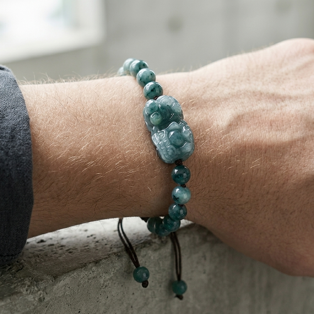 Bracelet jade homme porté au poignet, avant-bras posé sur une bordure de béton