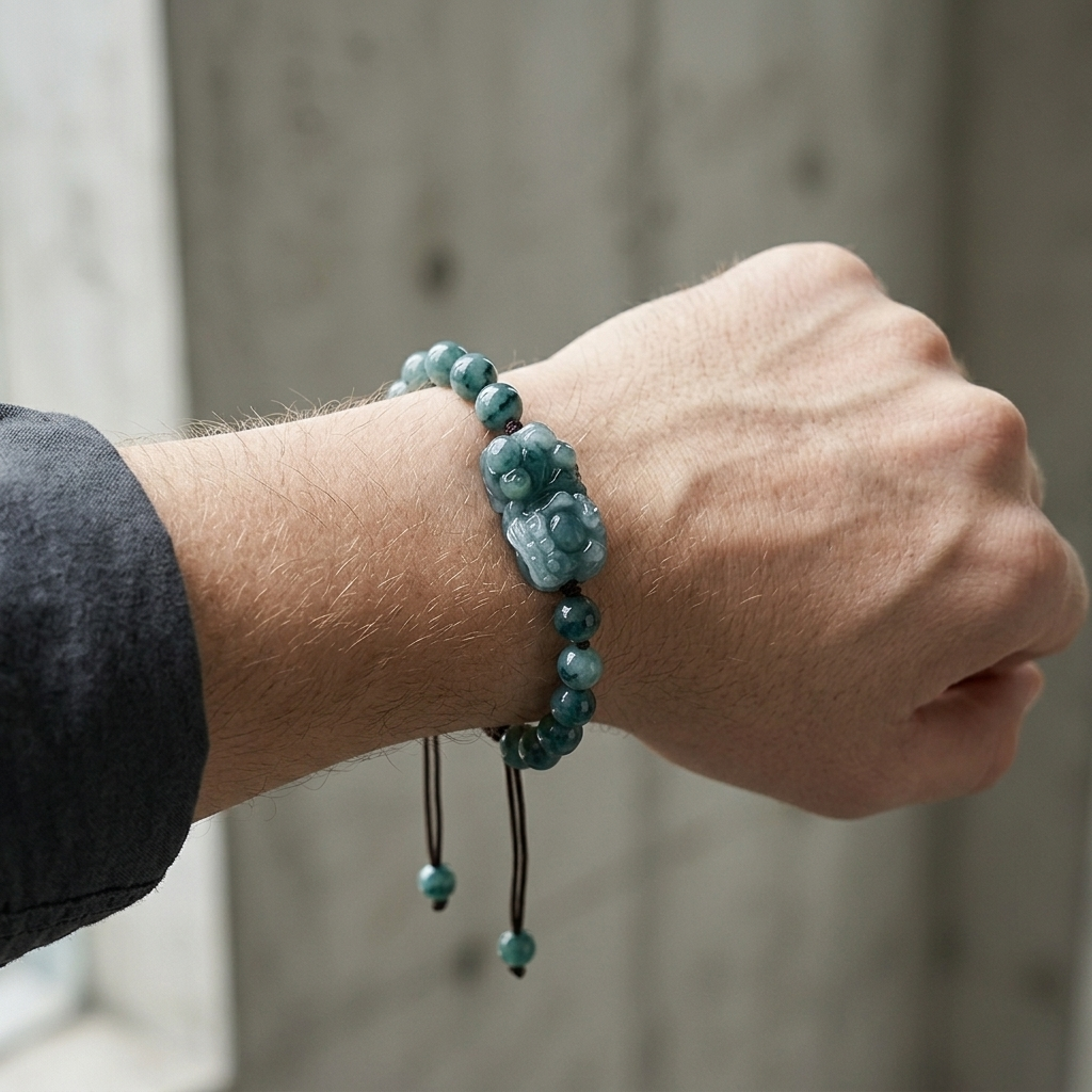 Bracelet de jadéite porté, Pixiu tourné vers l'extérieur du poignet