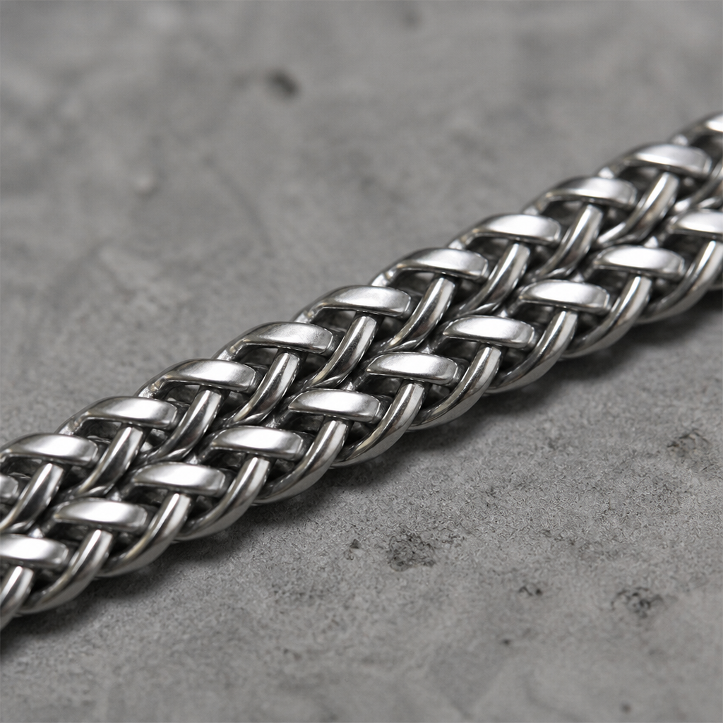 Macro de la maille d'acier tressée en chevrons sur deux rangs