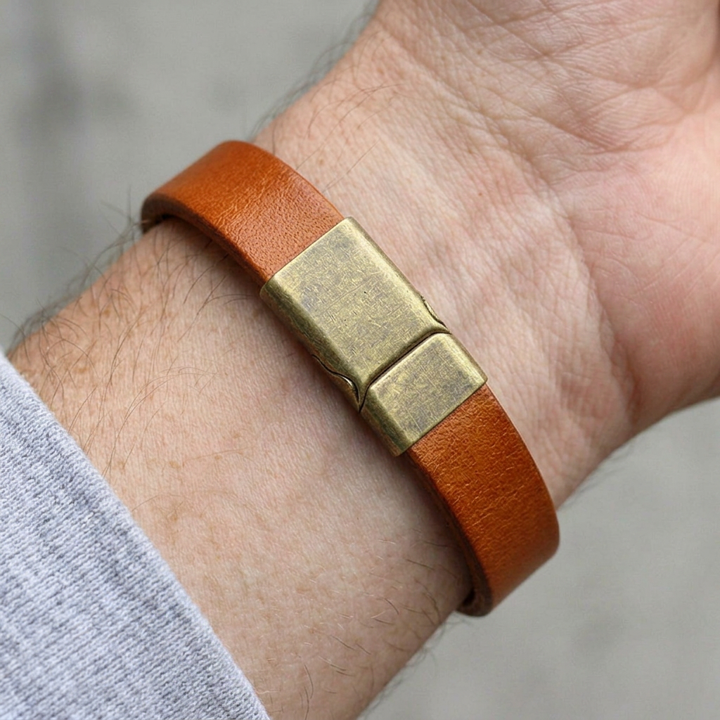 Des Finitions Exemplaires - Bracelet Marron Homme, Cuir de Vachette et Fermoir Plaque