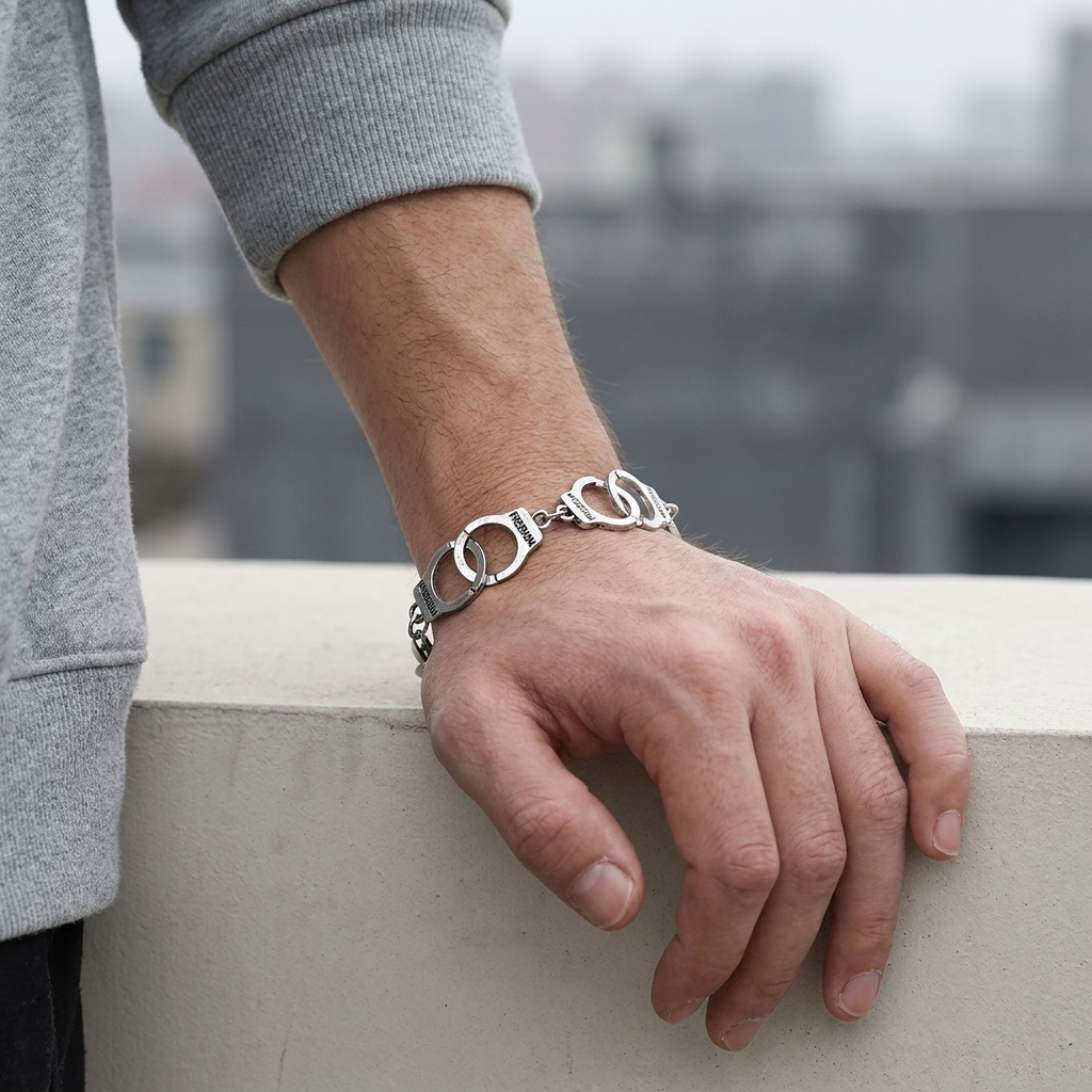 Bracelet menotte homme Freedom porté au poignet, maillons menottes gravés Freedom, avant-bras posé sur une margelle en béton