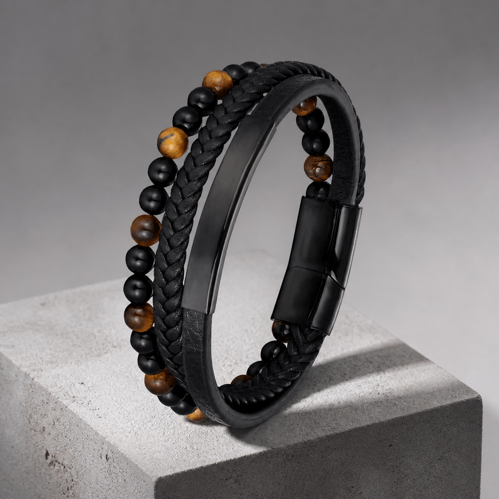 Bracelet noir homme en cuir et perles d'œil de tigre, plaque et fermoir en acier noir