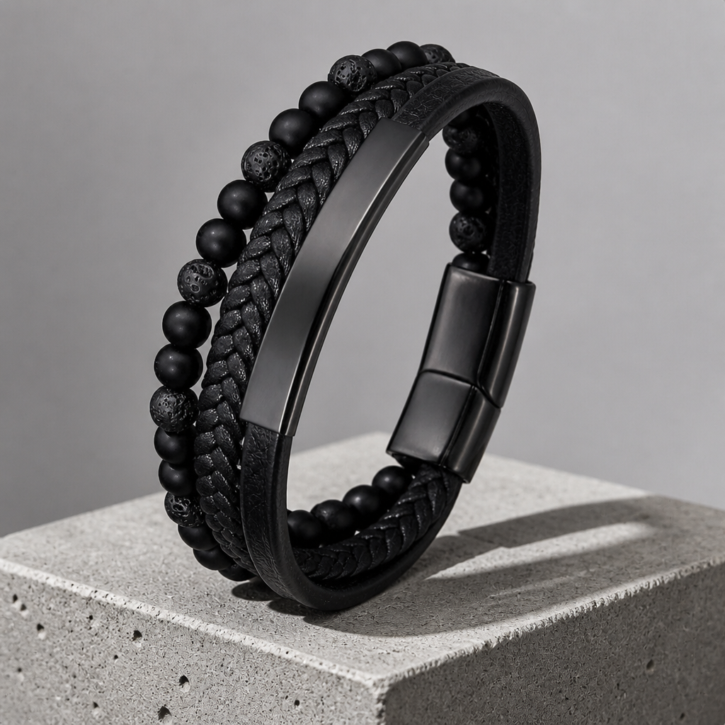 Bracelet noir homme en cuir et perles de pierre de lave mates, plaque en acier noir