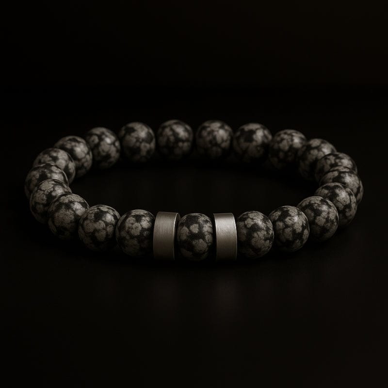 Bracelet homme perles de jaspe gris avec bagues en acier à graver