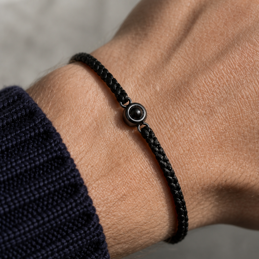 Bracelet photo personnalisé porté au poignet, cordon tressé noir et perle noire