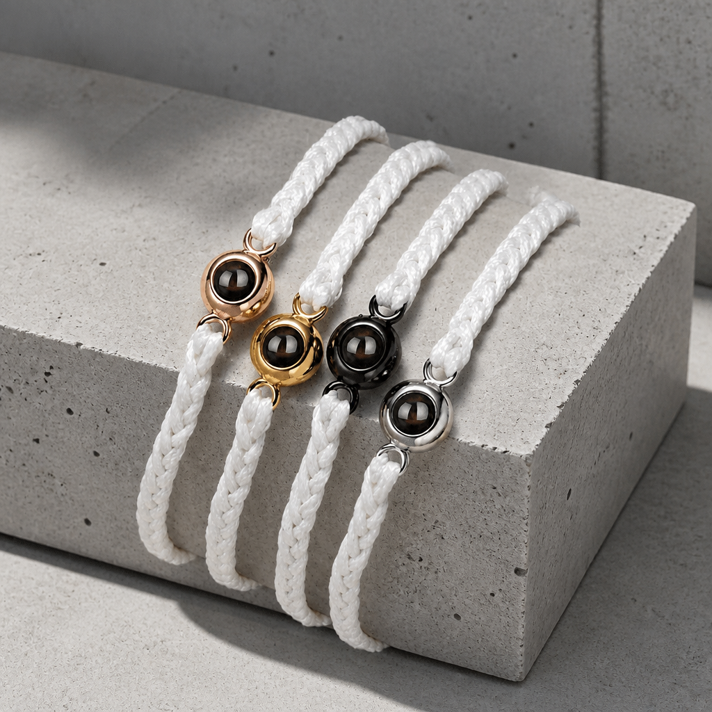 Bracelet photo homme en cordon tressé blanc, les quatre finitions de perle : or rose, or, noir et argent