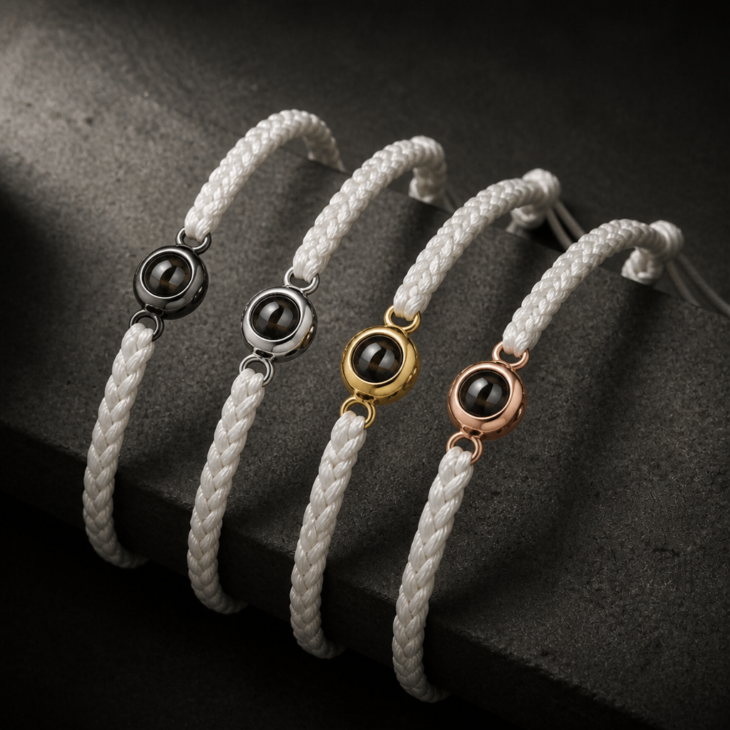 Quatre bracelets photo à cordon blanc avec les finitions de perle noire, argent, or et or rose