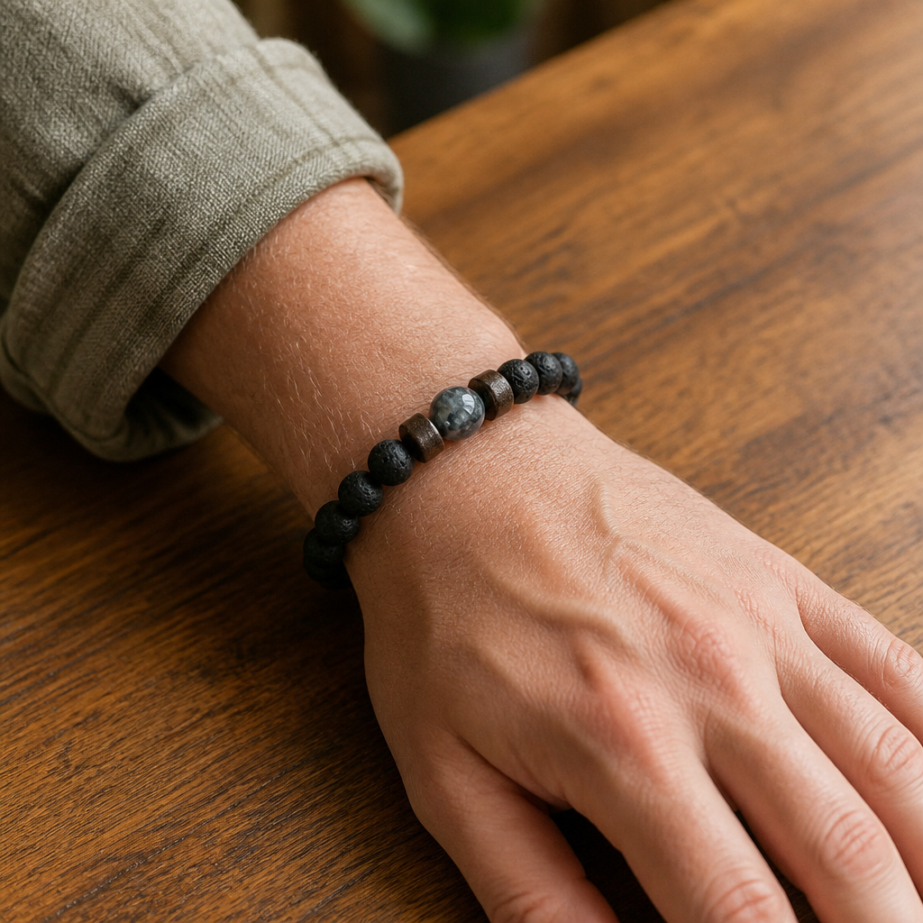 Bracelet homme pierre de lave et pierre de lune porté au poignet, main posée sur une table en chêne