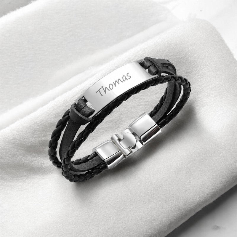 Bracelet prénom homme en similicuir noir, plaque argentée gravée Thomas