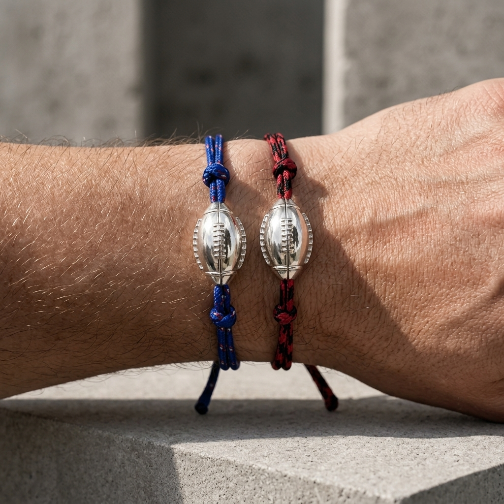 Les deux bracelets rugby portés côte à côte au poignet d'un homme