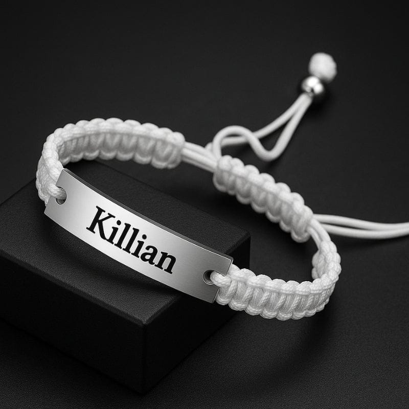 Bracelet tissu blanc personnalisé gravé prénom Killian homme cordon ajustable LBDH