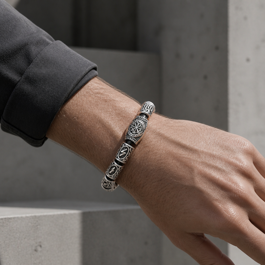 Bracelet viking homme argent porté au poignet, manche de chemise sombre remontée