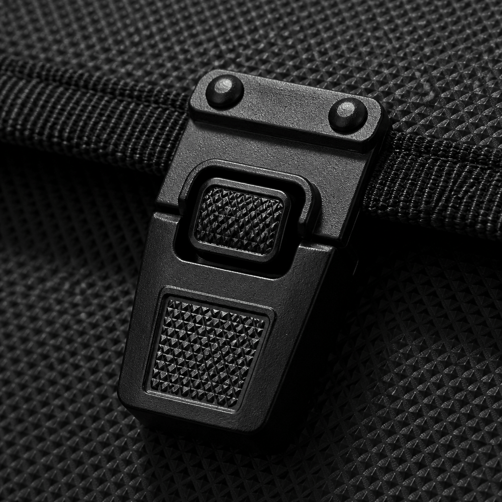 Détail du fermoir plastique à insert et de la maille texturée