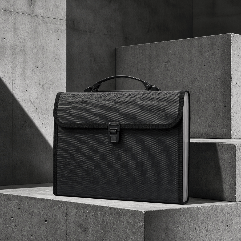 Cartable porte-document A4 à soufflets noir à poignée, packshot
