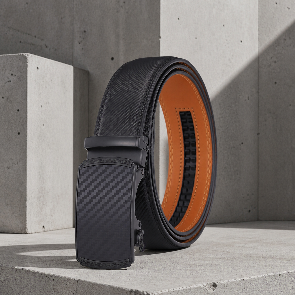 Ceinture à cliquet homme noire enroulée, réglette crantée visible au revers camel