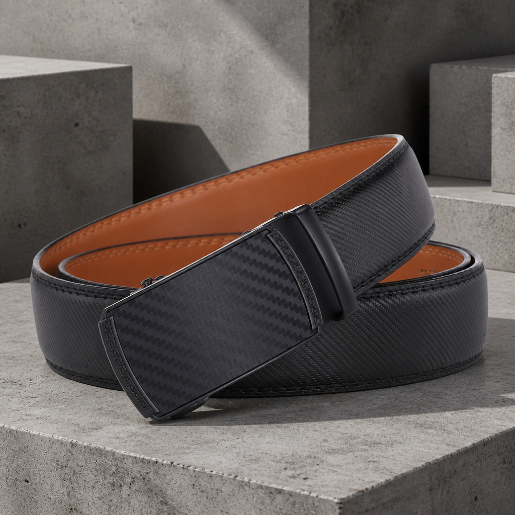 Ceinture à cliquet homme noire en croûte de cuir façon carbone, boucle automatique à plaque assortie