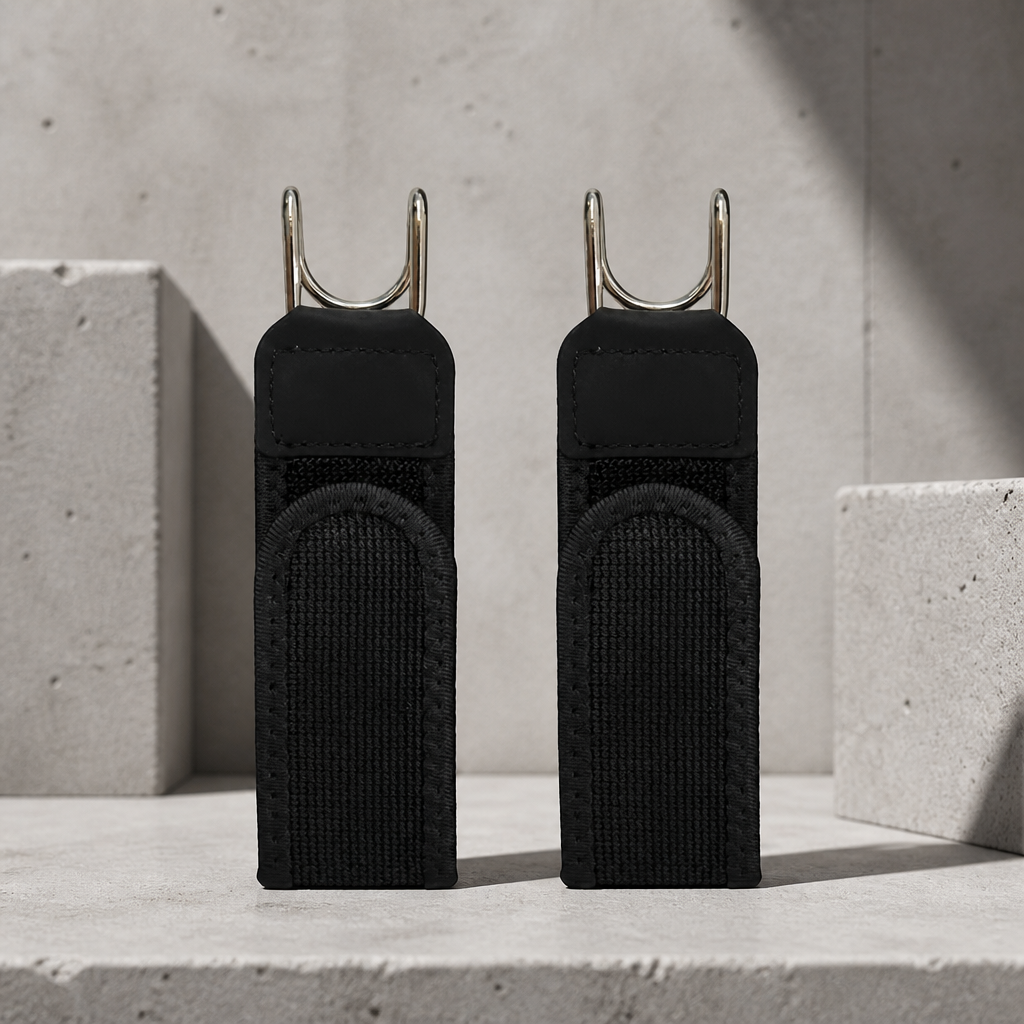 Ceinture ajustable homme à crochet, lot de deux bandes noires sur un bloc de béton