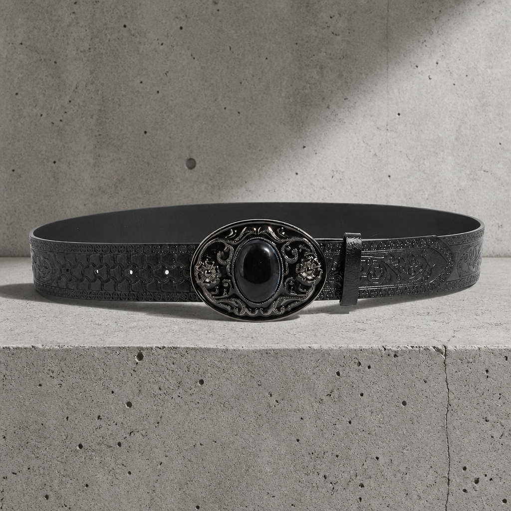 Ceinture américaine homme noire fermée, vue de face, sangle gaufrée et boucle ovale