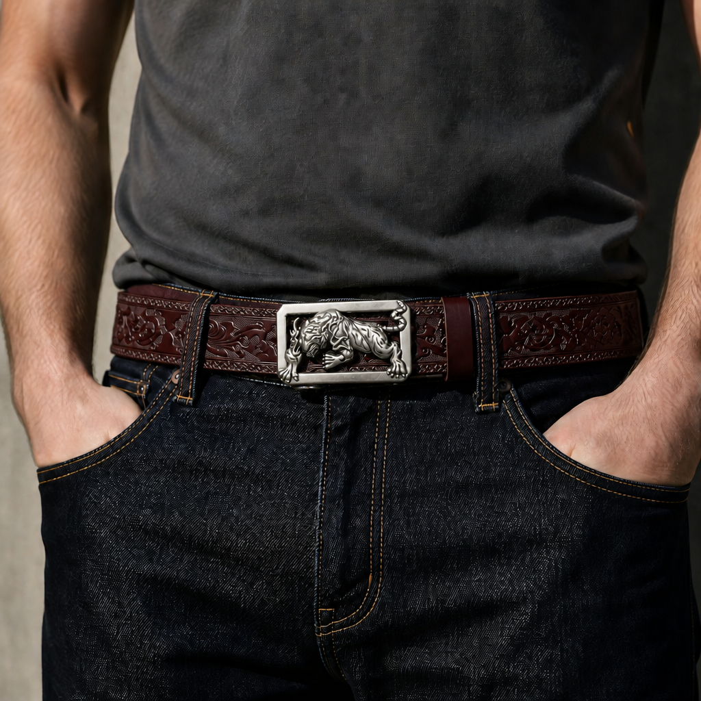 Ceinture automatique homme cuir bordeaux portée sur un jean brut, boucle tigre argent vieilli