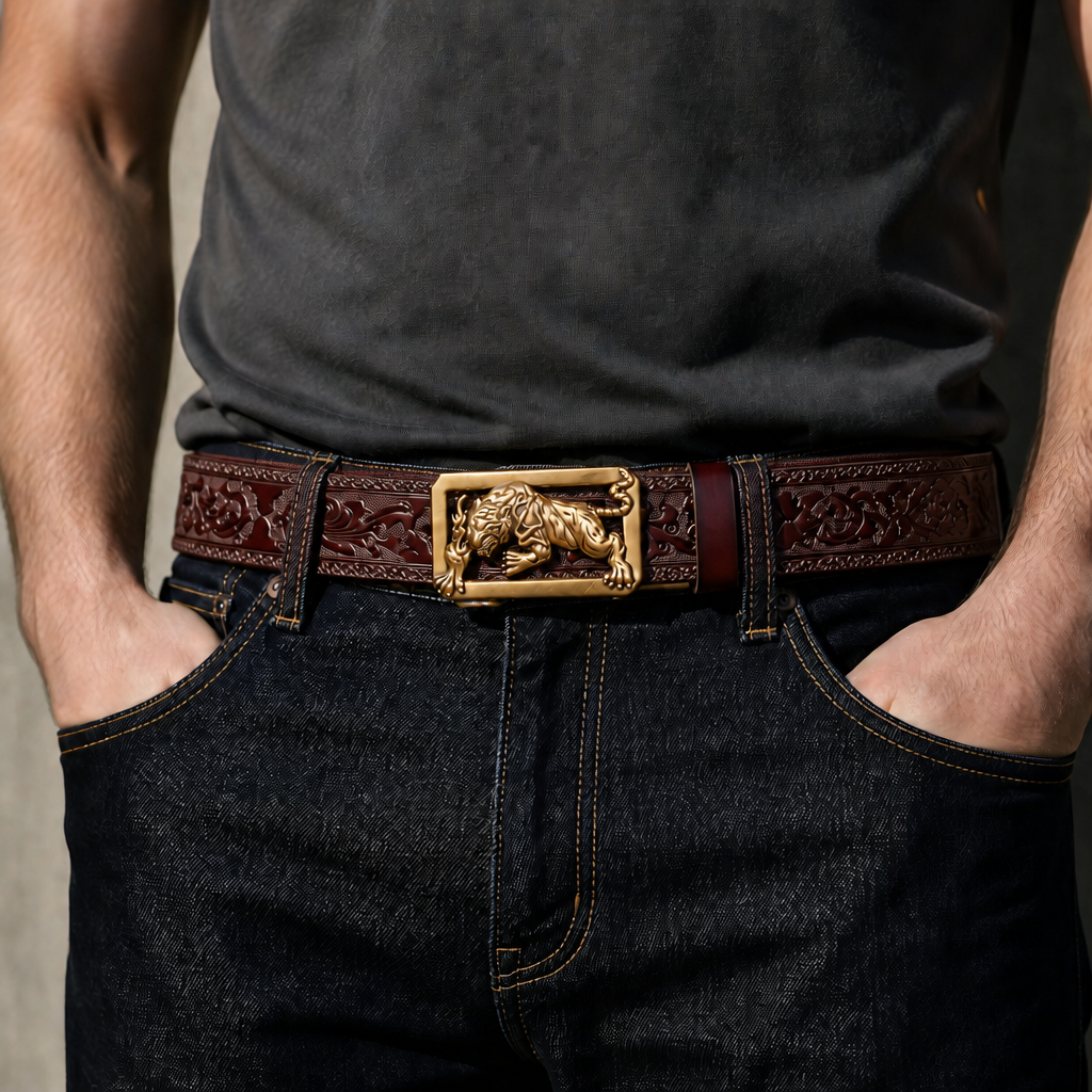 Ceinture automatique homme cuir bordeaux portée sur un jean brut, boucle tigre or vieilli