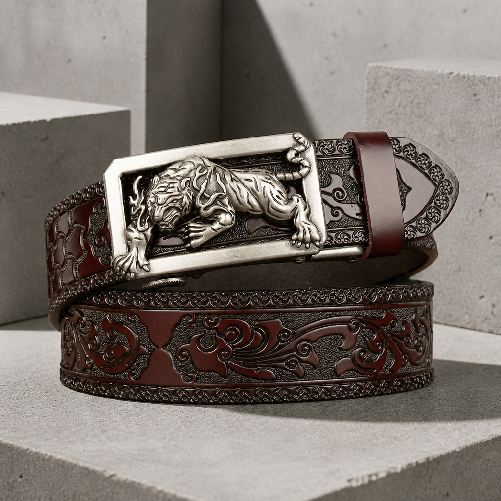 Ceinture automatique homme en cuir bordeaux embossé, boucle tigre en relief finition argent vieilli