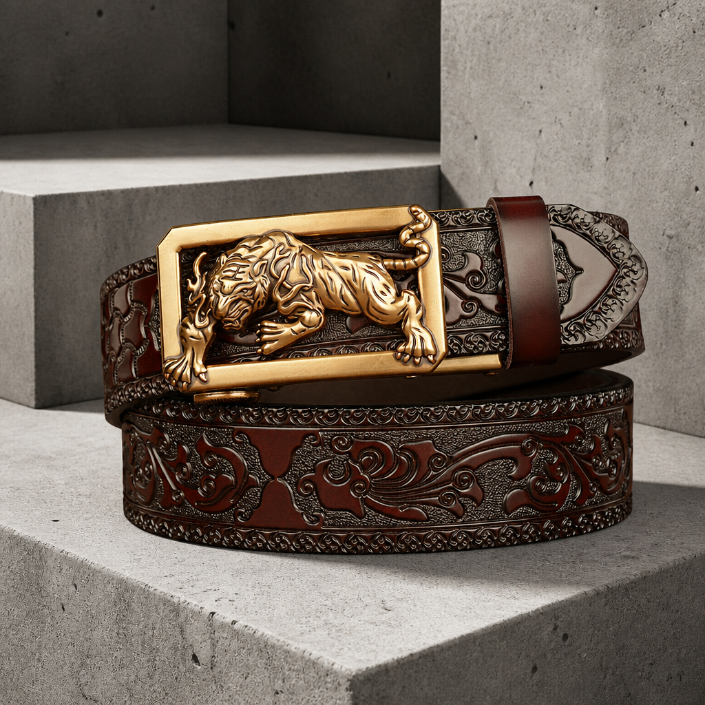 Ceinture automatique homme en cuir bordeaux embossé, boucle tigre en relief finition or vieilli