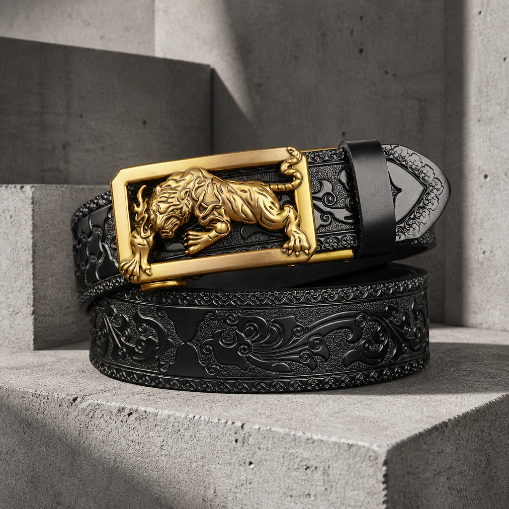 Ceinture automatique homme en cuir noir embossé, boucle tigre en relief finition or vieilli