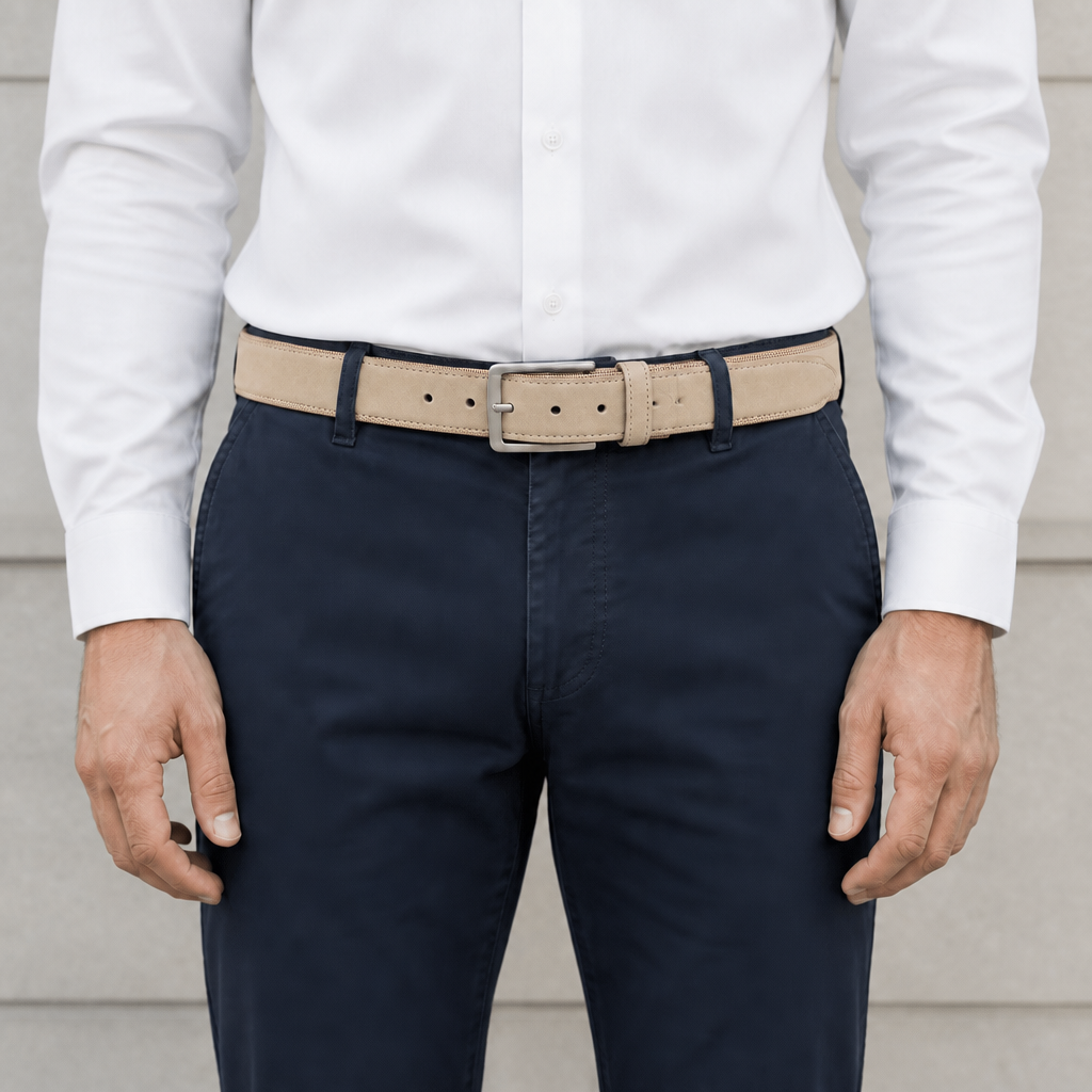 Ceinture beige homme effet suède portée sur un chino bleu marine et une chemise blanche