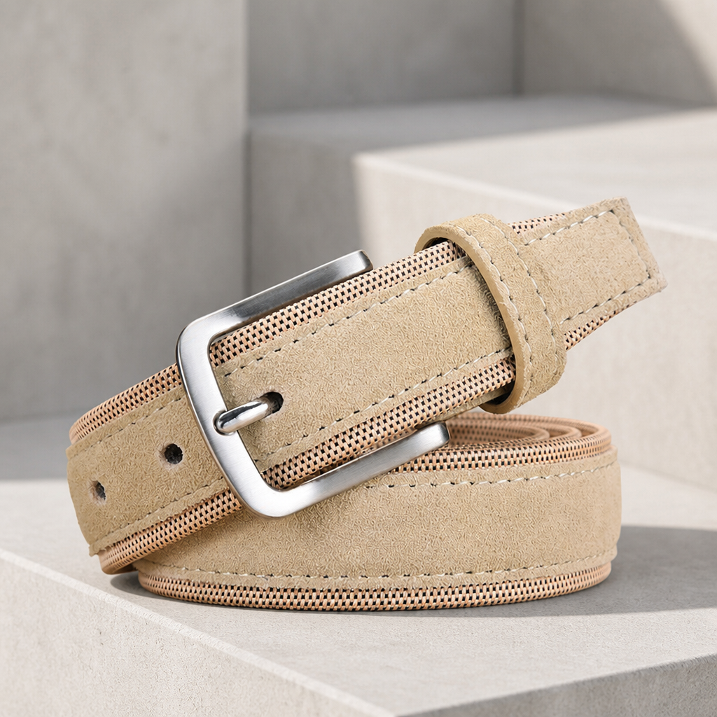 Ceinture beige homme effet suède bordée de toile Oxford, boucle argent brossé