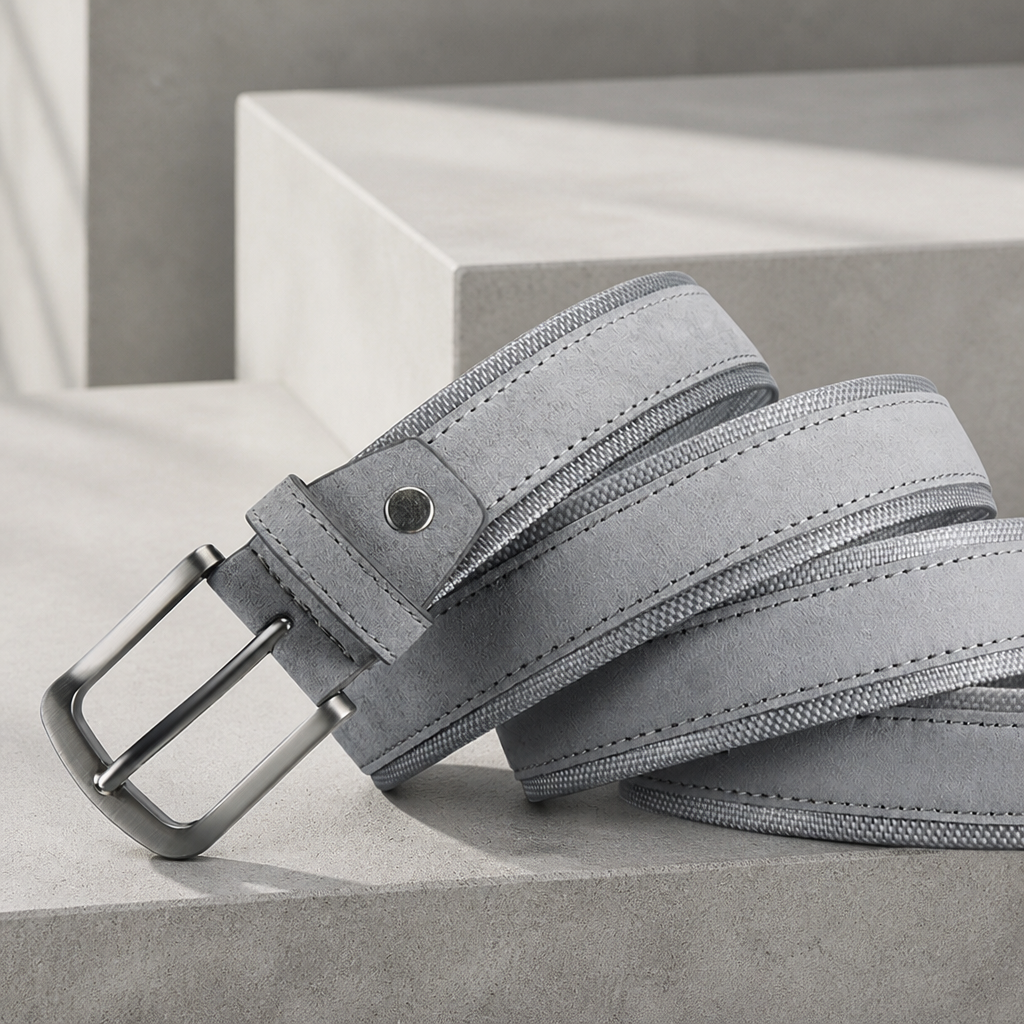 Ceinture grise homme effet suède sur toile Oxford, boucle argent brossé