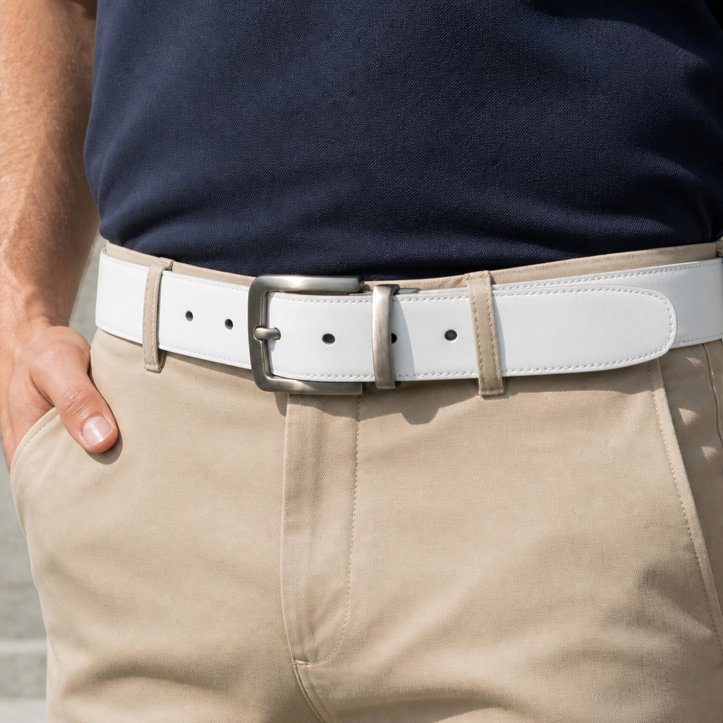 Homme portant la ceinture blanche bouclée sur un chino beige