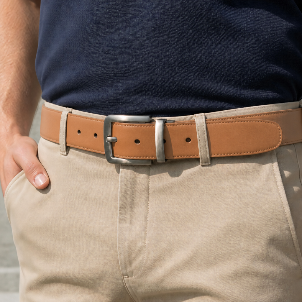 Homme portant la ceinture camel bouclée sur un chino beige