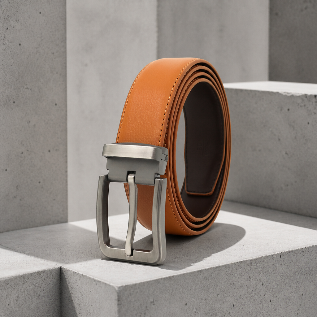 Ceinture homme camel en croûte de cuir grainé, revers brun et boucle brossée