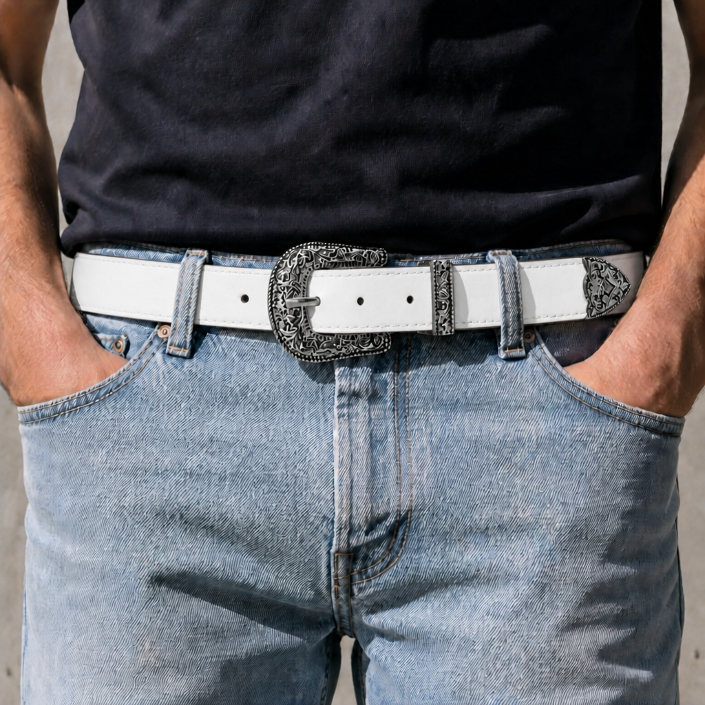Ceinture boucle western homme blanche à boucle argent vieilli portée sur un jean