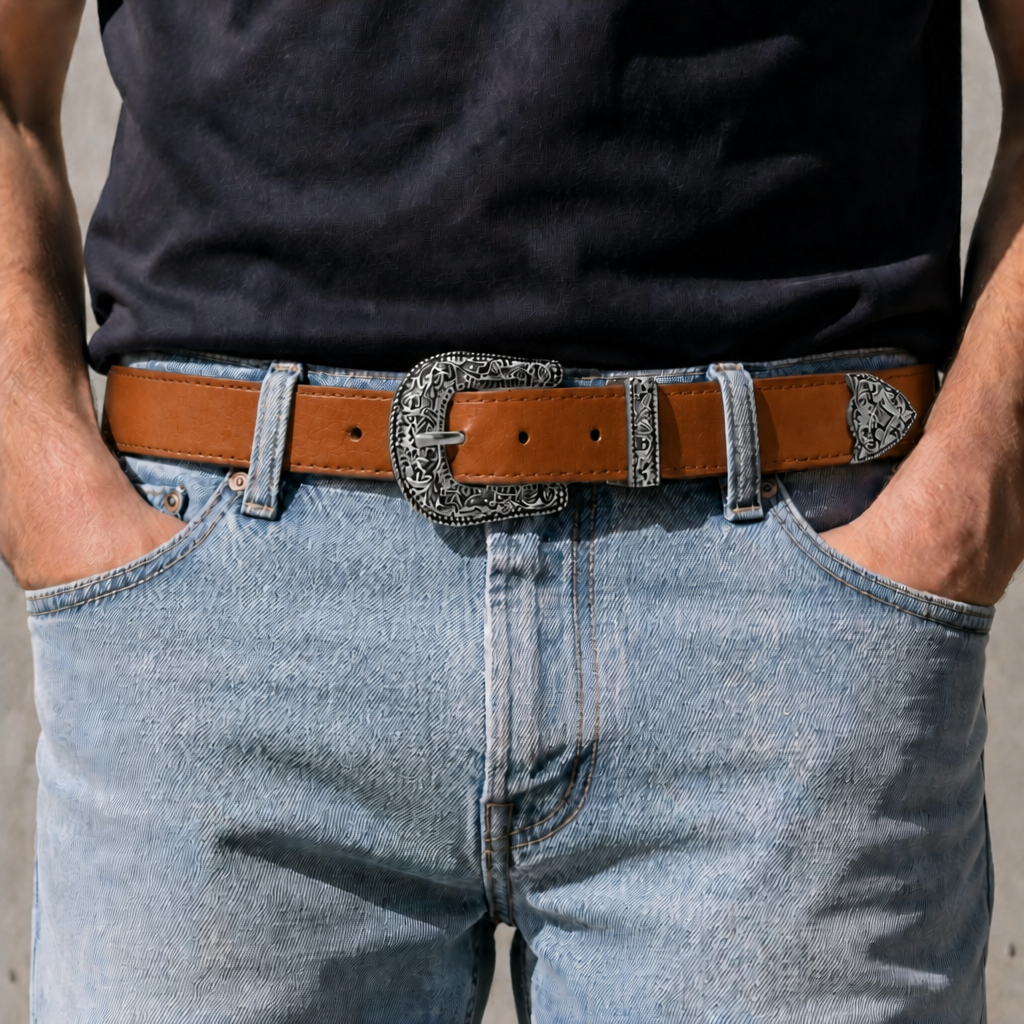 Ceinture boucle western homme camel à boucle argent vieilli portée sur un jean