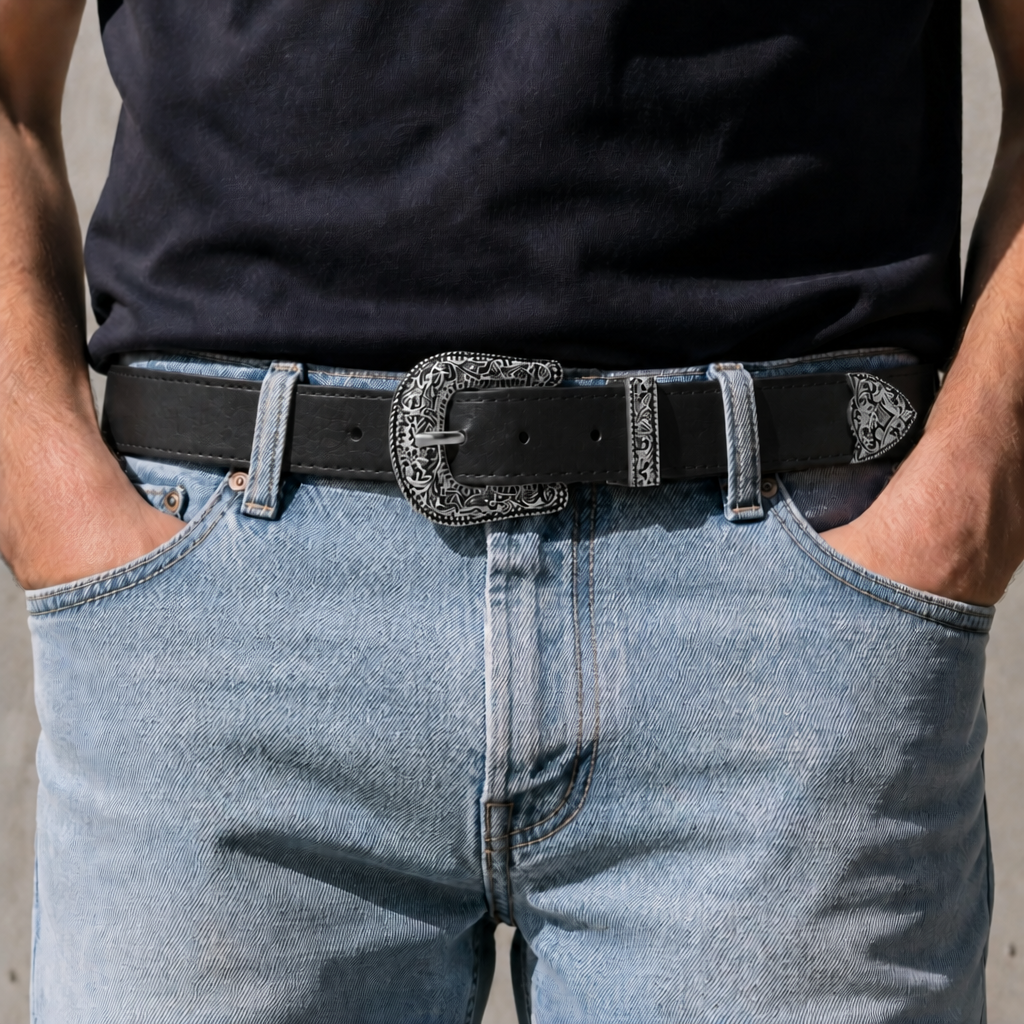 Ceinture boucle western homme noire à boucle argent vieilli portée sur un jean