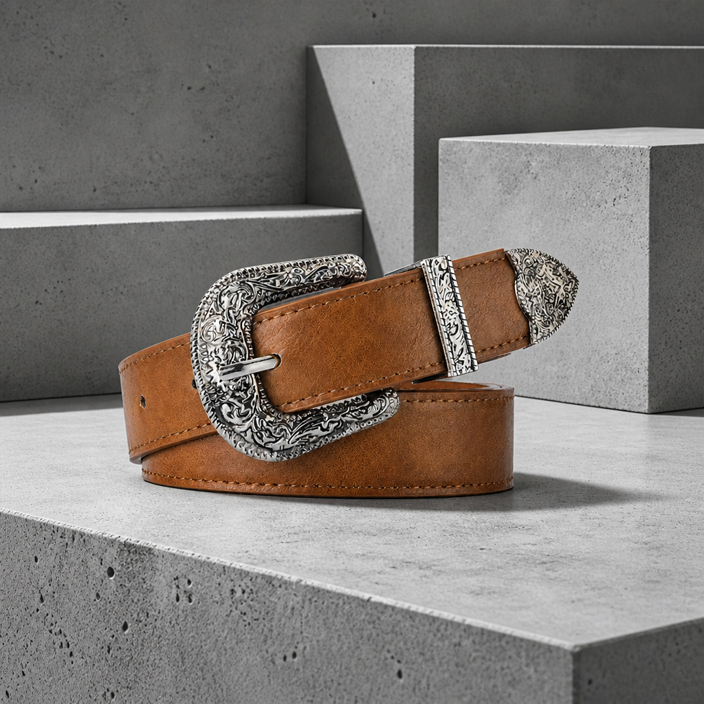 Ceinture boucle western homme camel, boucle ciselée argent vieilli