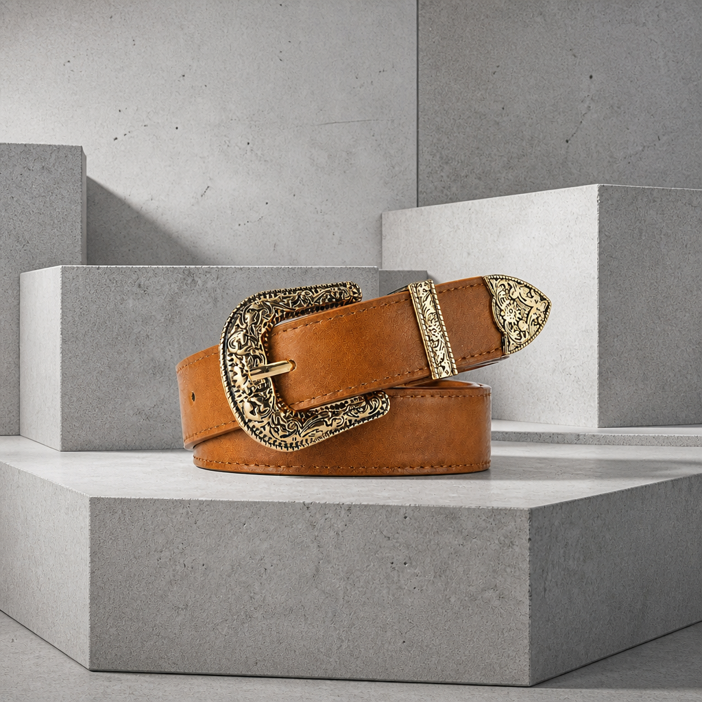 Ceinture boucle western homme camel, boucle ciselée or vieilli