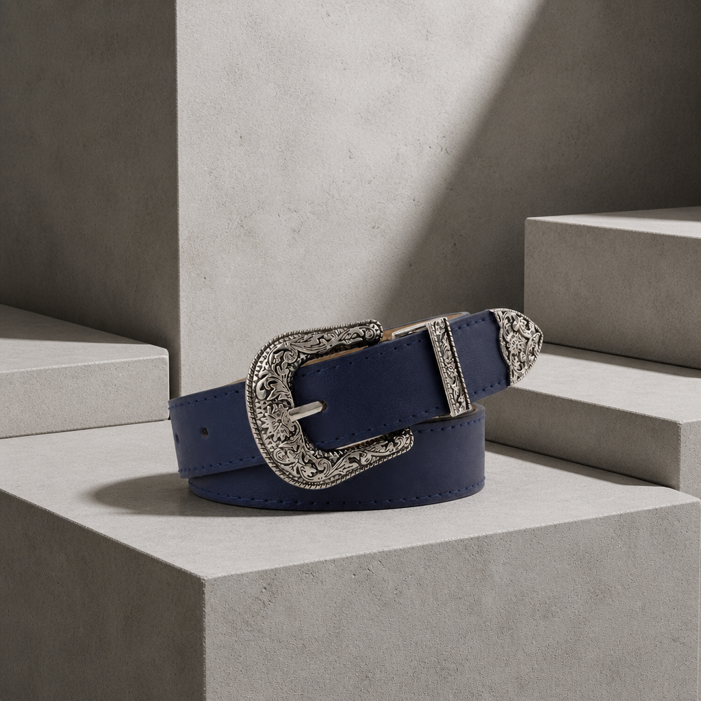 Ceinture boucle western homme bleu marine, boucle ciselée argent vieilli