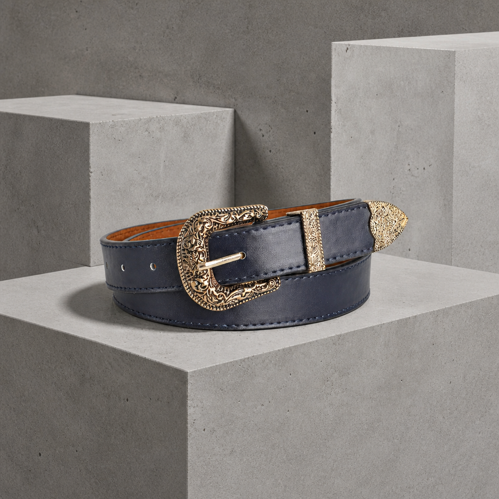 Ceinture boucle western homme bleu marine, boucle ciselée or vieilli